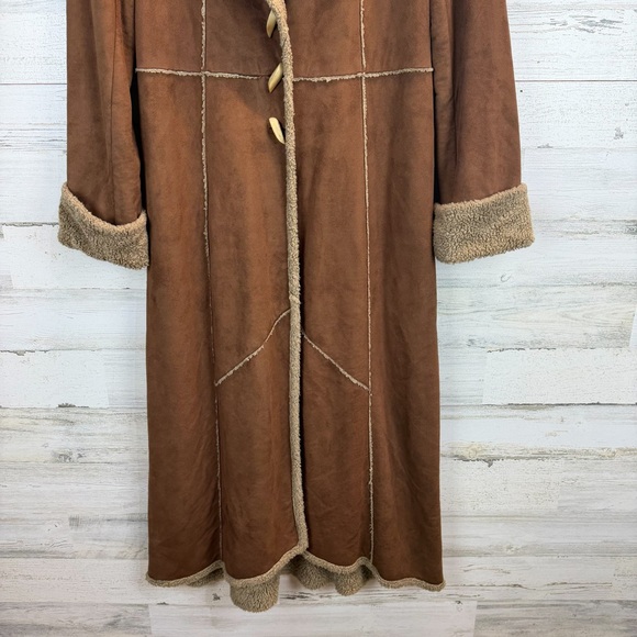 Dana Buchman Shearling Long Coat 10 Boho Rustic Toggle Faux Suede Penny Lane - Picture 10 of 15